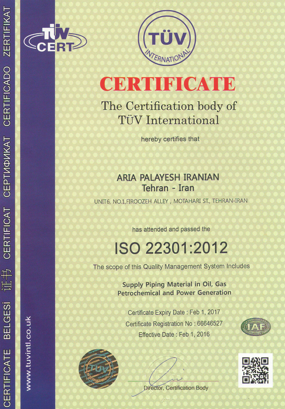 ISO 22301: 2012 Certificate